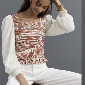 Anthropologie New Love the Label Zebra Smocked Eyelet Puff Sleeve Top SZ Medium
